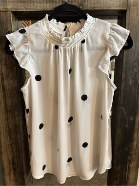 LOFT White Black Polka Dot Flutter Sleeve Blouse Neck Top Size S Cottagecore